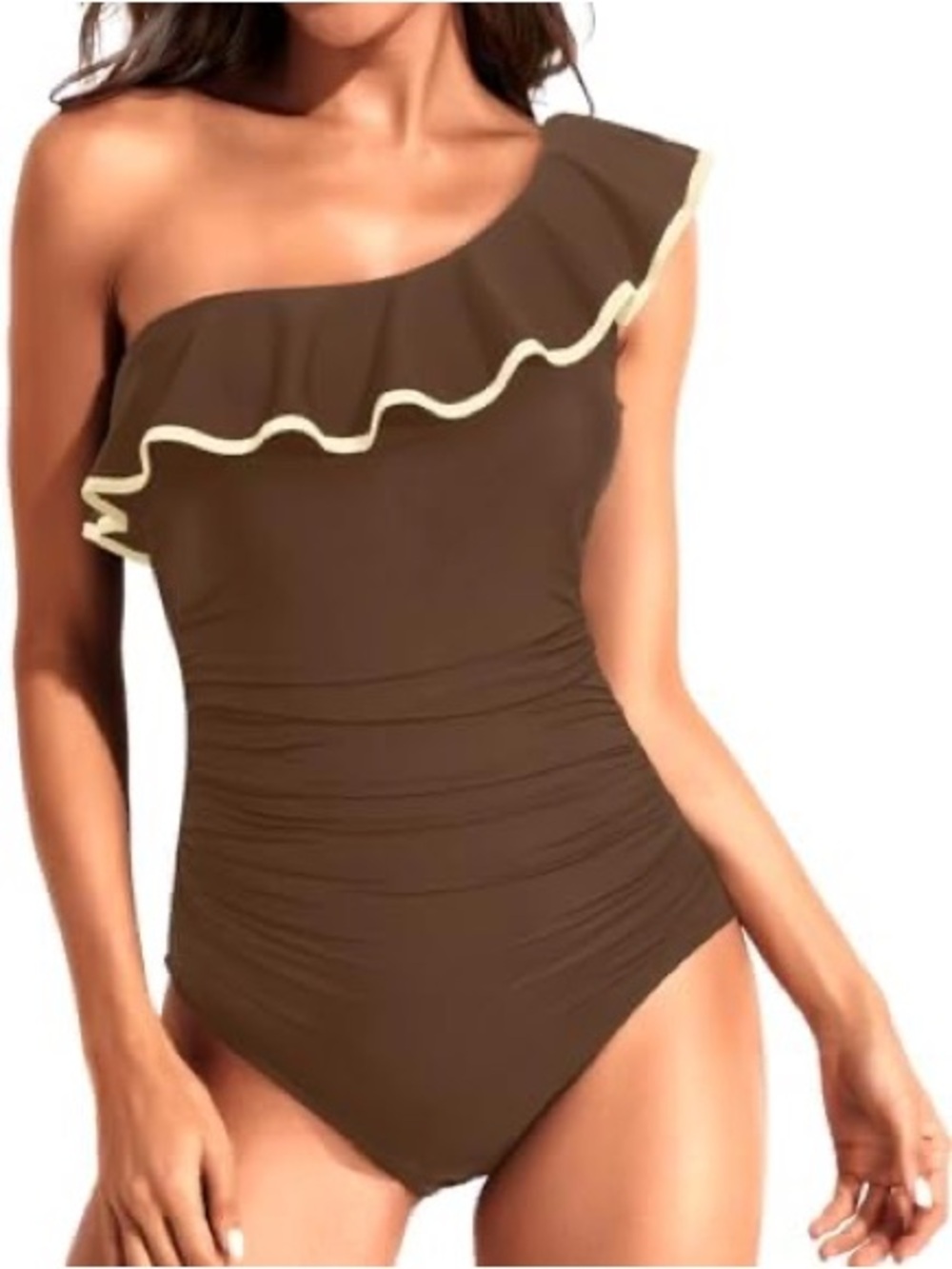 NWT-Brown One-Shoulder Ruffle-Trim One-Piece Swimsuit